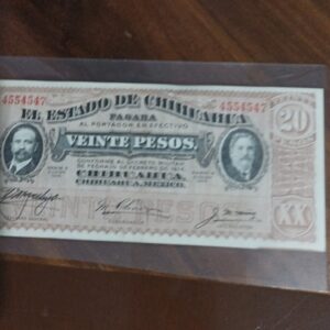 billete de coleccion de veinte pesos el estado de chihuahuia año 1914