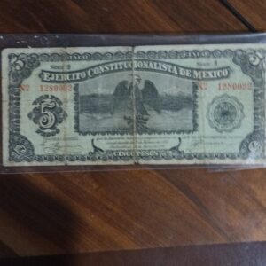 BILLETE DE COLECCION CINCO PESOS EJECITO CONSTITUCIONALISTA DE MEXICO AÑO 1914