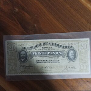 BILLETE DE COLECCION VEINTE PESOS DOS CARITAS DEL ESTADO DE CHIHUAHUA AÑO 1914