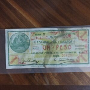 BILLETE DE COLECCION UN PESO DE OAXACA JUAREZ AÑO 1915
