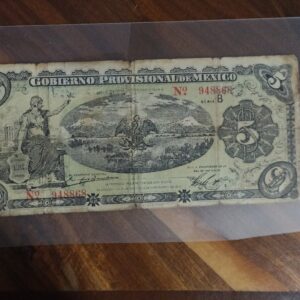BILLETE DE COLECCION CINCO PESOS GOBIERNO PROVISIONAL DE MEXICO AÑO 1914