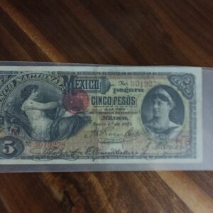 BILLERE DE COLECCION CINCO PESOS BANCO DE MEXICO AÑO 1908