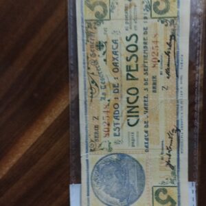 BILLETE DE COLECCION CINCO PESOS JUAREZ AÑO 1915
